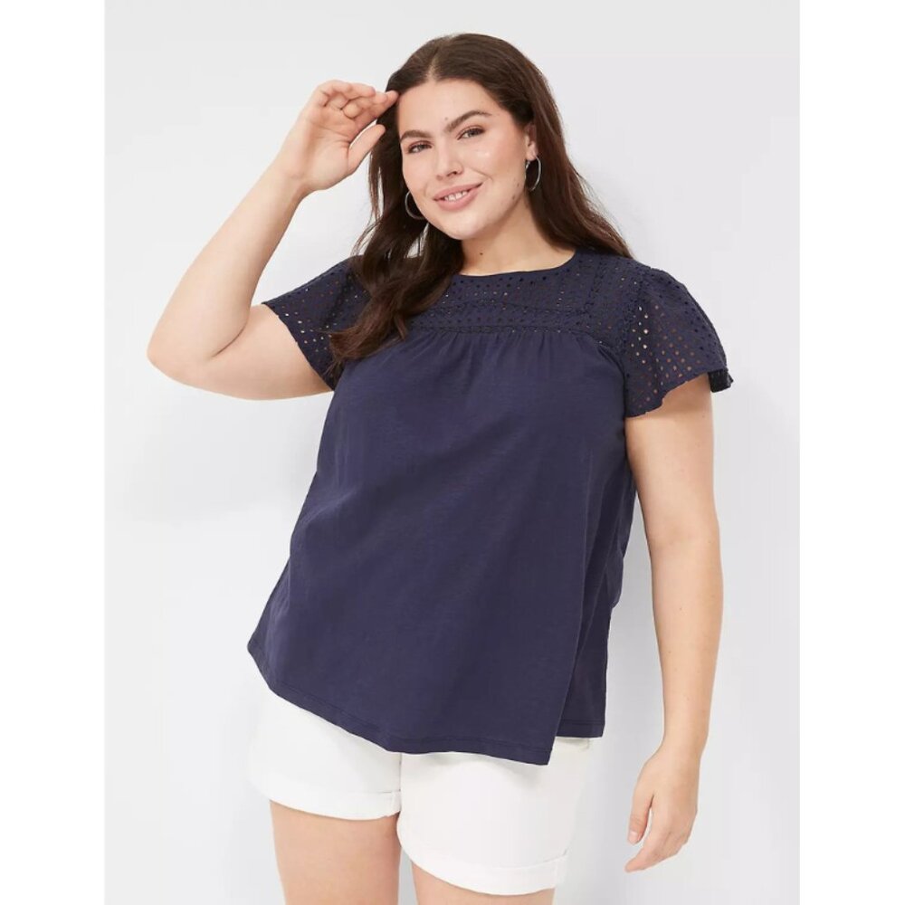 Lane Bryant Swing Flutter Sleeve Eyelet & Knit Tee in Navy Blue